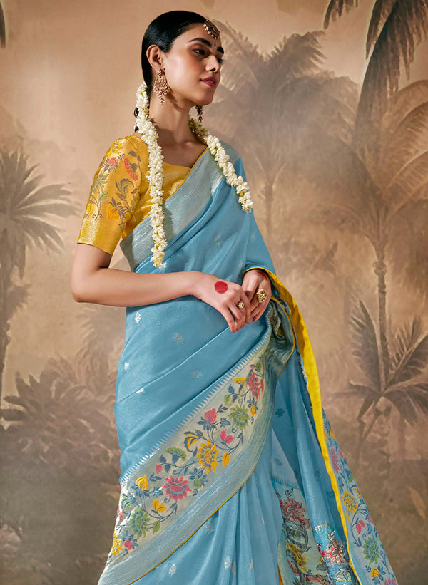Monjolika Fashion Silk Floral Pattern Zari Work Sky Blue Contemporary Saree
