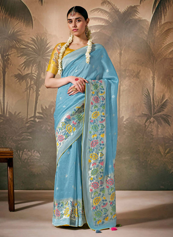 Monjolika Fashion Silk Floral Pattern Zari Work Sky Blue Contemporary Saree