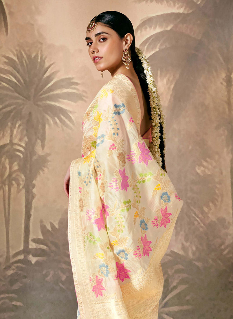 Monjolika Fashion Silk Floral Pattern Zari Work Cream Contemporary Saree - Distacart