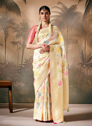 Monjolika Fashion Silk Floral Pattern Zari Work Cream Contemporary Saree