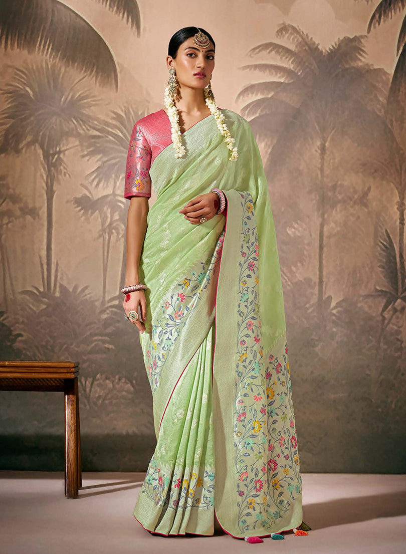 Monjolika Fashion Silk Floral Pattern Zari Work Light Green Contemporary Saree