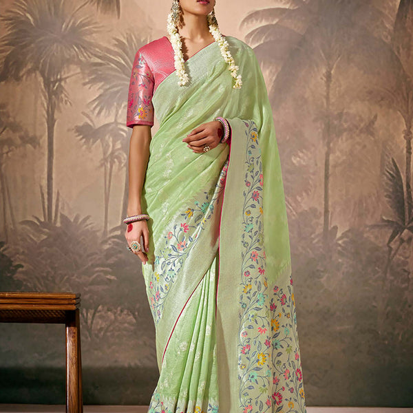 Monjolika Fashion Silk Floral Pattern Zari Work Light Green Contemporary Saree - Distacart