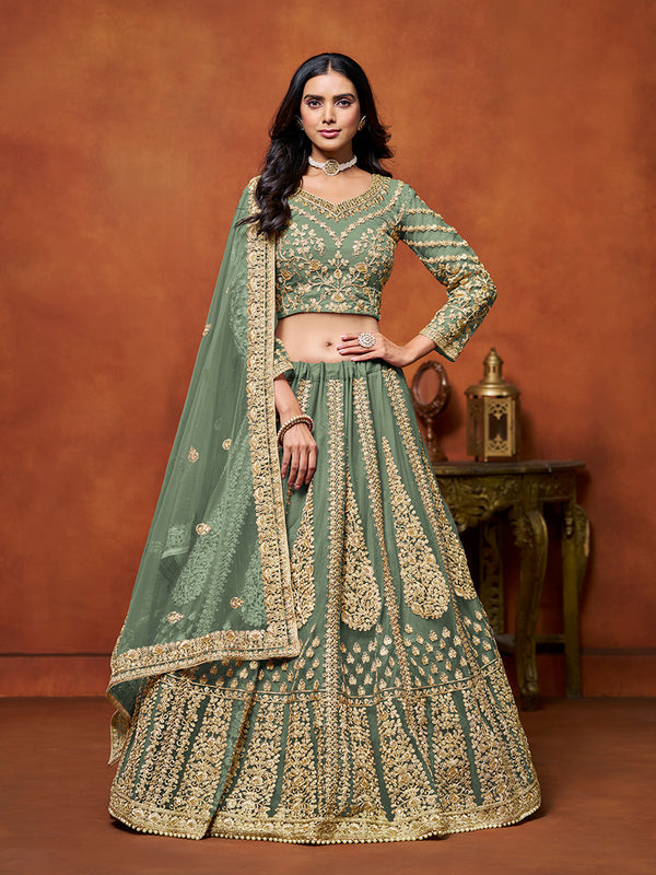 Monjolika Fashion Net Green Embroidered Designer Lehenga Choli