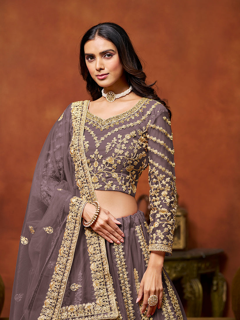 Monjolika Fashion Net Purple Embroidered Designer Lehenga Choli