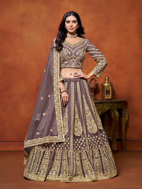 Monjolika Fashion Net Purple Embroidered Designer Lehenga Choli