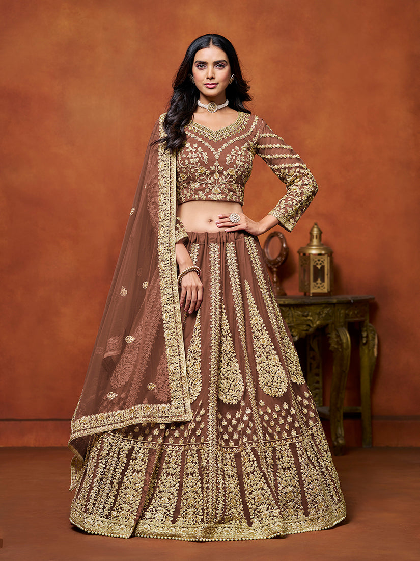 Monjolika Fashion Net Brown Embroidered Designer Lehenga Choli - Distacart