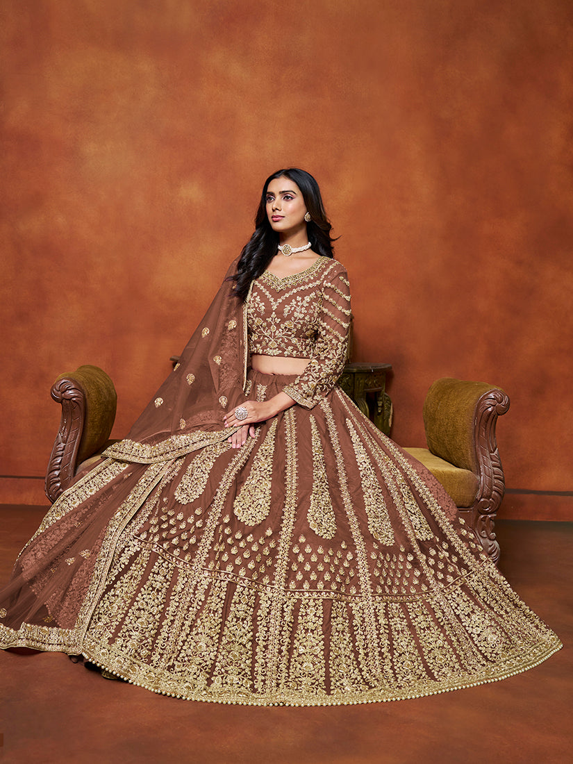 Monjolika Fashion Net Brown Embroidered Designer Lehenga Choli - Distacart