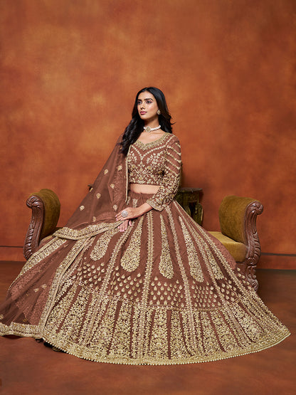 Monjolika Fashion Net Brown Embroidered Designer Lehenga Choli - Distacart