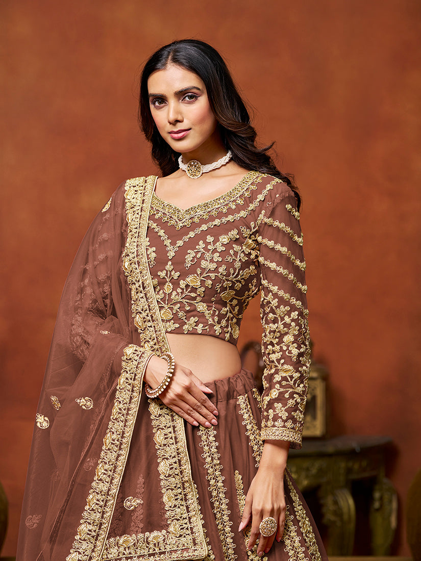 Monjolika Fashion Net Brown Embroidered Designer Lehenga Choli