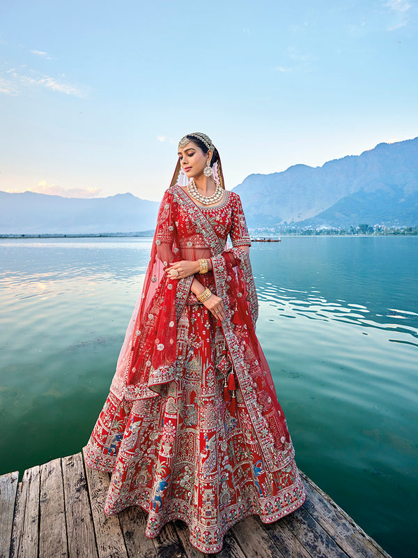 Monjolika Fashion Red Silk Embroidered Sequins Thread And Zari Work Bridal Trendy Lehenga Choli