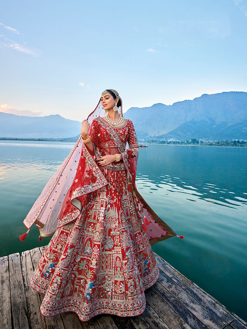Monjolika Fashion Red Silk Embroidered Sequins Thread And Zari Work Bridal Trendy Lehenga Choli