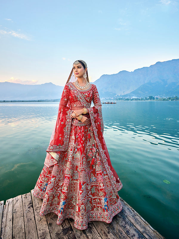 Monjolika Fashion Red Silk Embroidered Sequins Thread And Zari Work Bridal Trendy Lehenga Choli