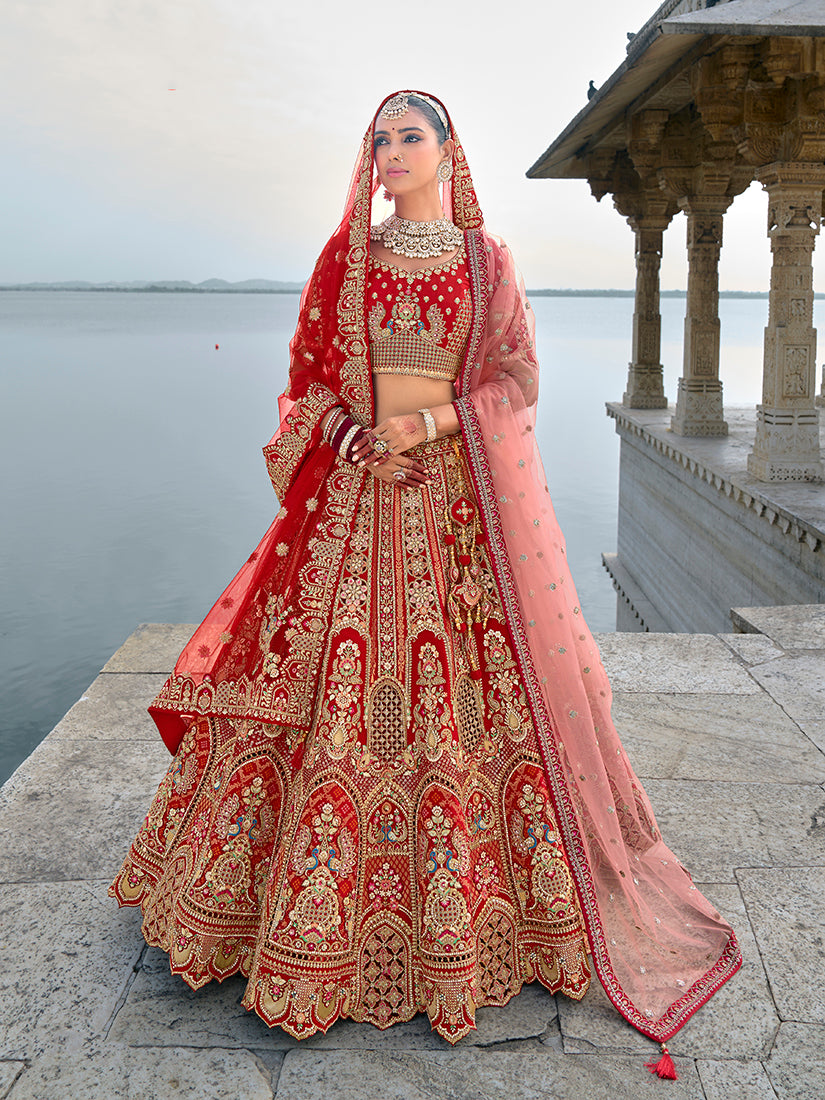 Monjolika Fashion Red Silk Embroidered Sequins Thread And Zari Work Bridal Trendy Lehenga Choli - Distacart