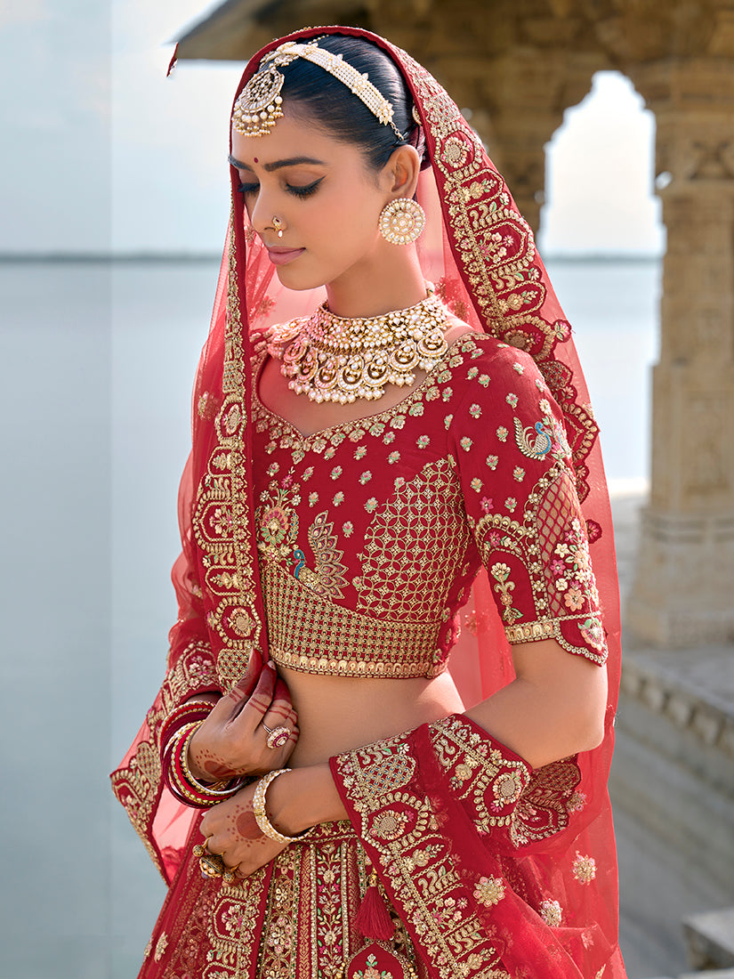 Monjolika Fashion Red Silk Embroidered Sequins Thread And Zari Work Bridal Trendy Lehenga Choli