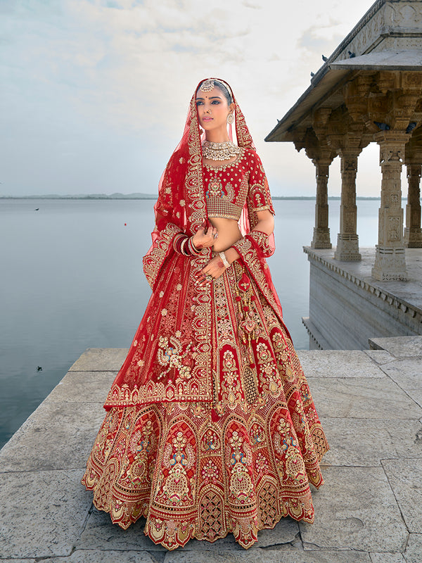 Monjolika Fashion Red Silk Embroidered Sequins Thread And Zari Work Bridal Trendy Lehenga Choli