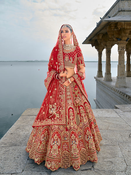 Monjolika Fashion Red Silk Embroidered Sequins Thread And Zari Work Bridal Trendy Lehenga Choli