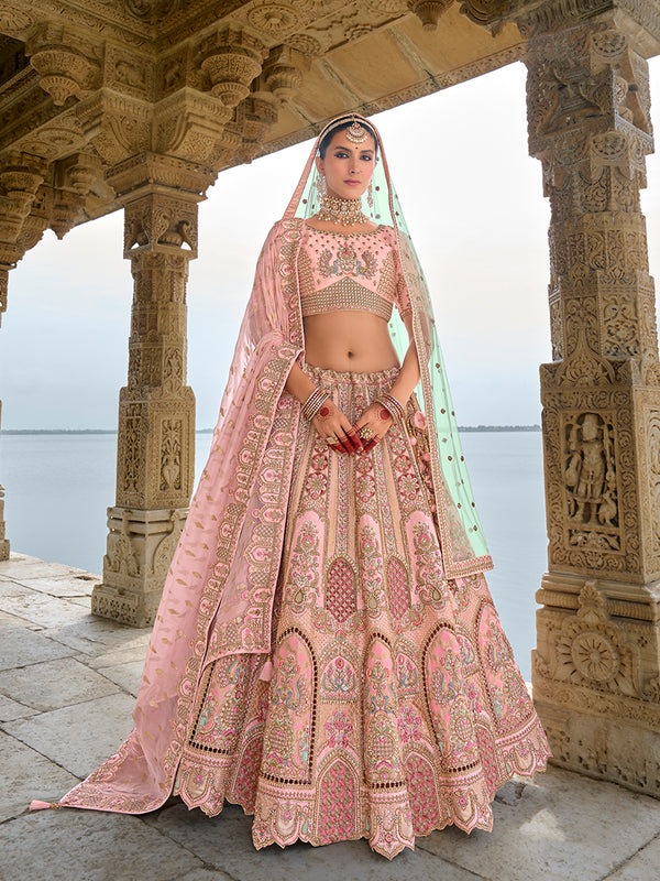 Monjolika Fashion Light Pink Silk Embroidered Sequins Thread And Zari Work Bridal Trendy Lehenga Choli