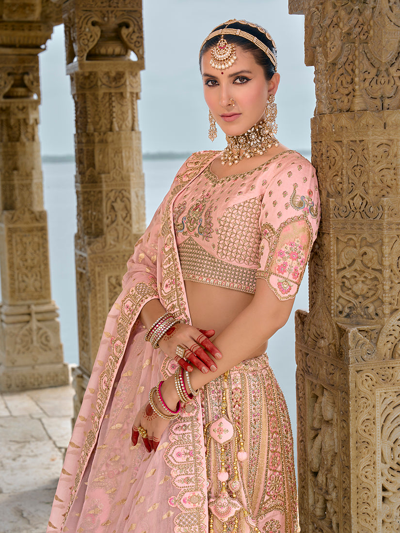 Monjolika Fashion Light Pink Silk Embroidered Sequins Thread And Zari Work Bridal Trendy Lehenga Choli