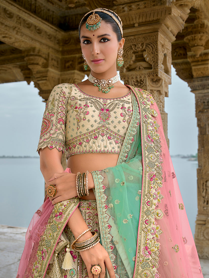 Monjolika Fashion Cream Silk Embroidered Sequins Thread And Zari Work Bridal Trendy Lehenga Choli