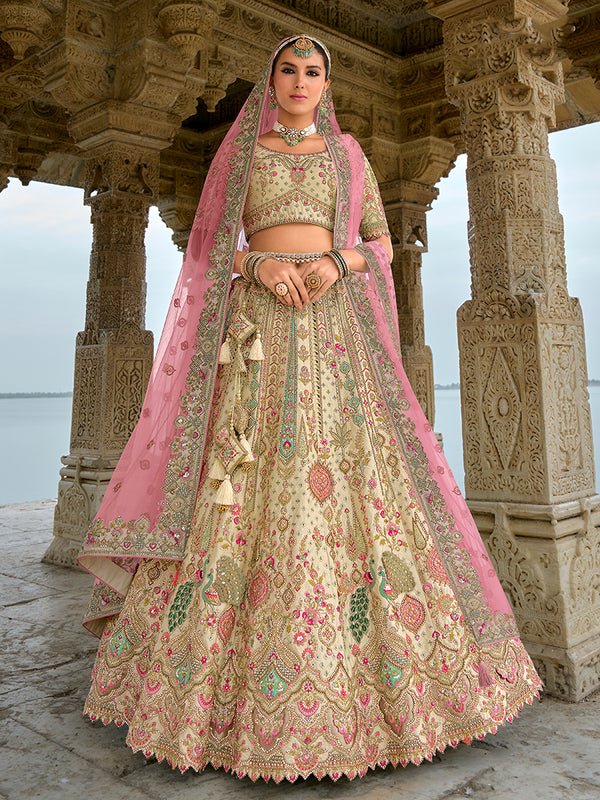 Monjolika Fashion Cream Silk Embroidered Sequins Thread And Zari Work Bridal Trendy Lehenga Choli