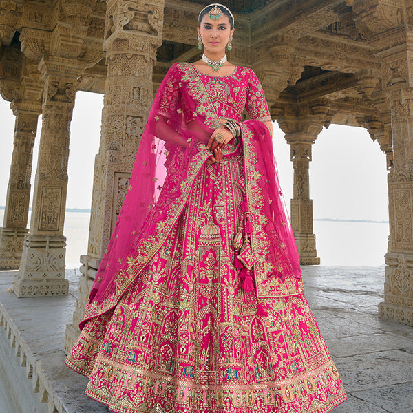 Monjolika Fashion Rani Pink Silk Embroidered Sequins Thread And Zari Work Bridal Trendy Lehenga Choli - Distacart