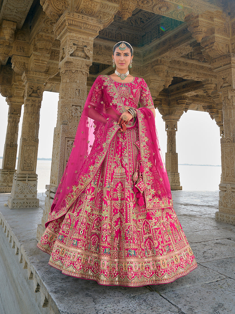 Monjolika Fashion Rani Pink Silk Embroidered Sequins Thread And Zari Work Bridal Trendy Lehenga Choli - Distacart