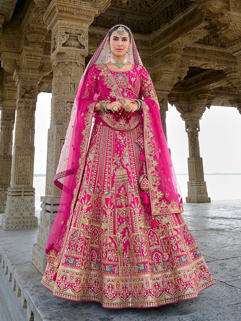 Monjolika Fashion Rani Pink Silk Embroidered Sequins Thread And Zari Work Bridal Trendy Lehenga Choli