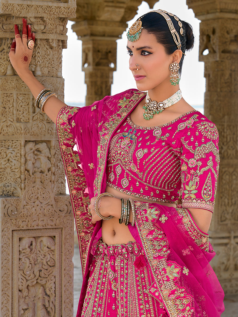 Monjolika Fashion Rani Pink Silk Embroidered Sequins Thread And Zari Work Bridal Trendy Lehenga Choli