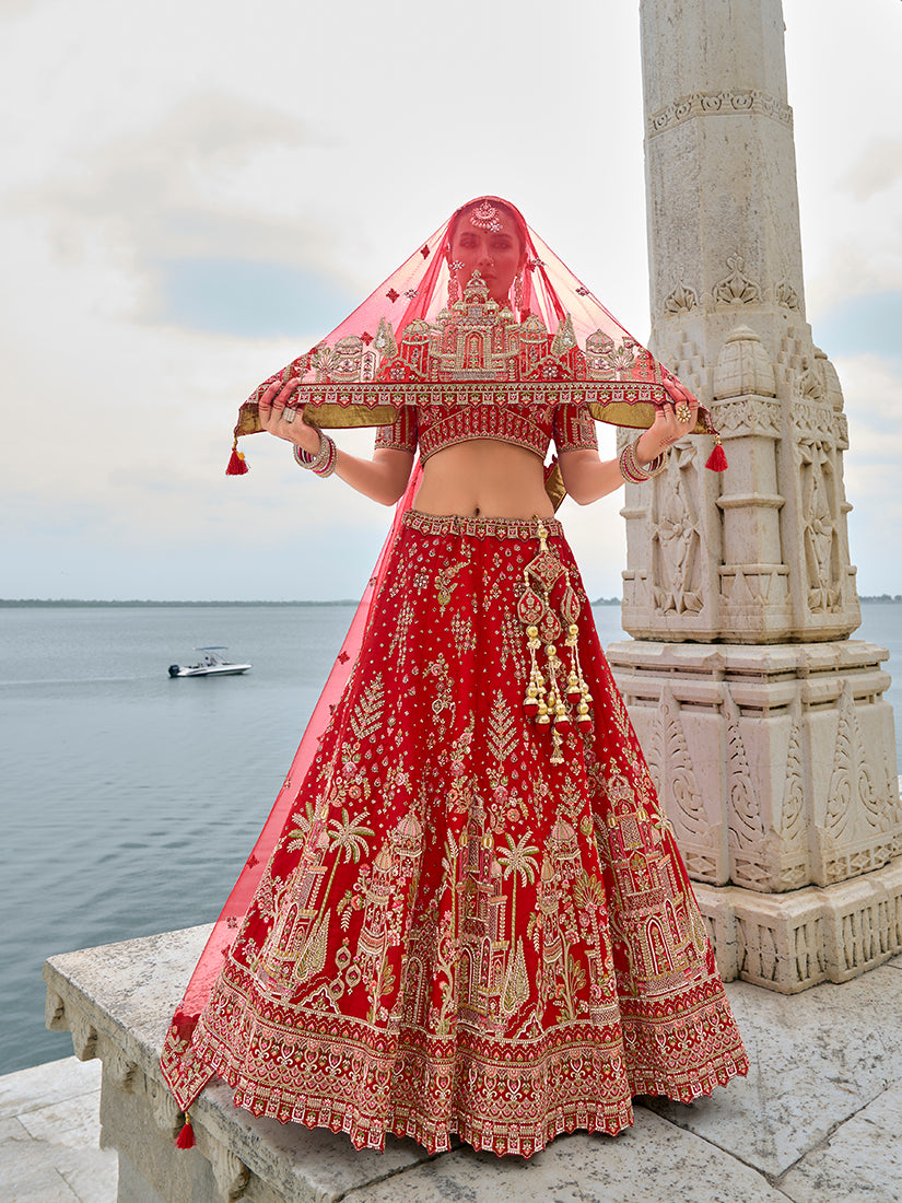 Monjolika Fashion Red Silk Embroidered Sequins Thread And Zari Work Bridal Trendy Lehenga Choli