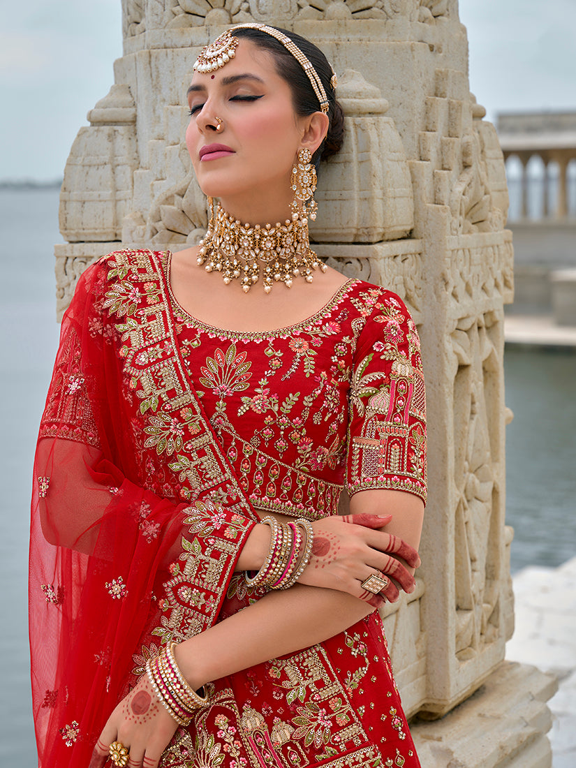 Monjolika Fashion Red Silk Embroidered Sequins Thread And Zari Work Bridal Trendy Lehenga Choli