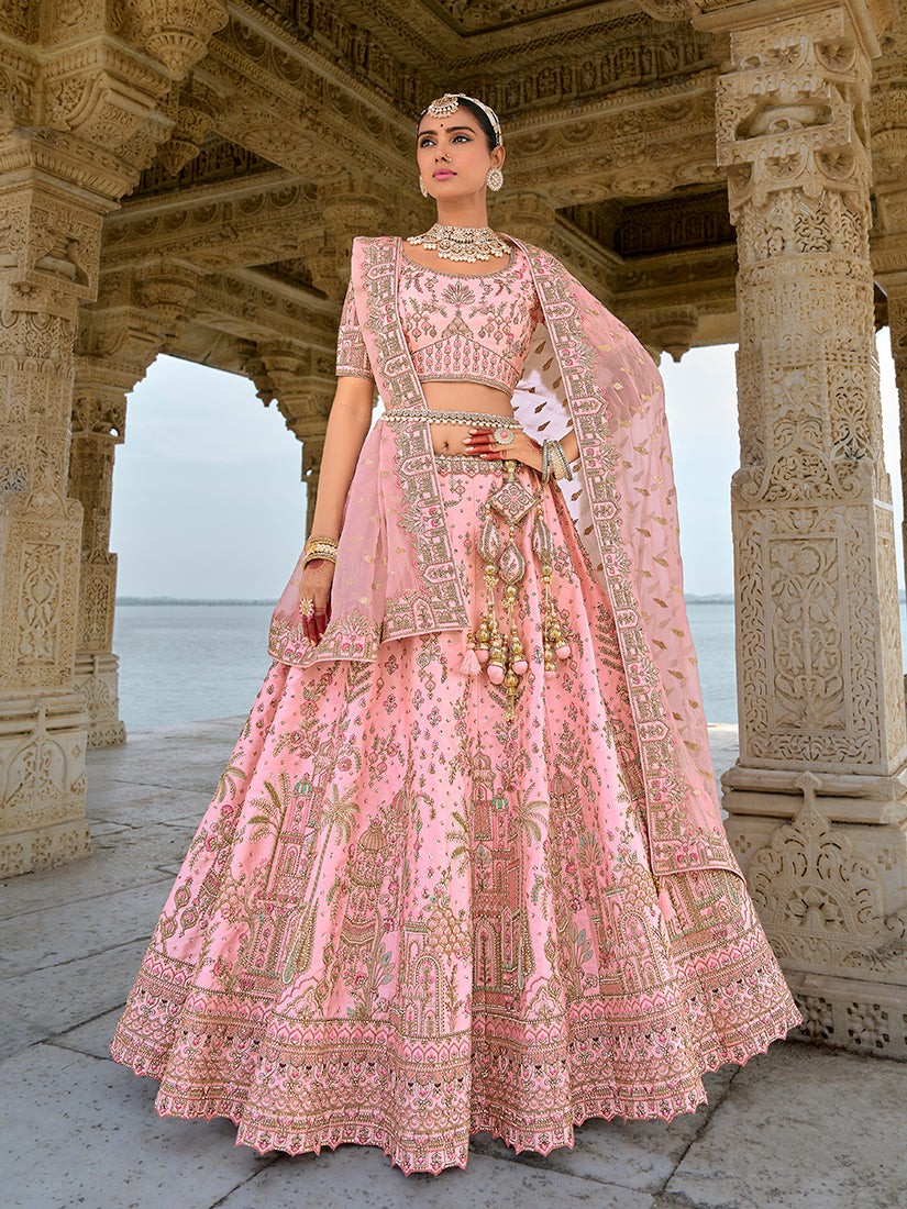 Monjolika Fashion Light Pink Silk Embroidered Sequins Thread And Zari Work Bridal Trendy Lehenga Choli