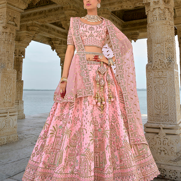 Monjolika Fashion Light Pink Silk Embroidered Sequins Thread And Zari Work Bridal Trendy Lehenga Choli - Distacart
