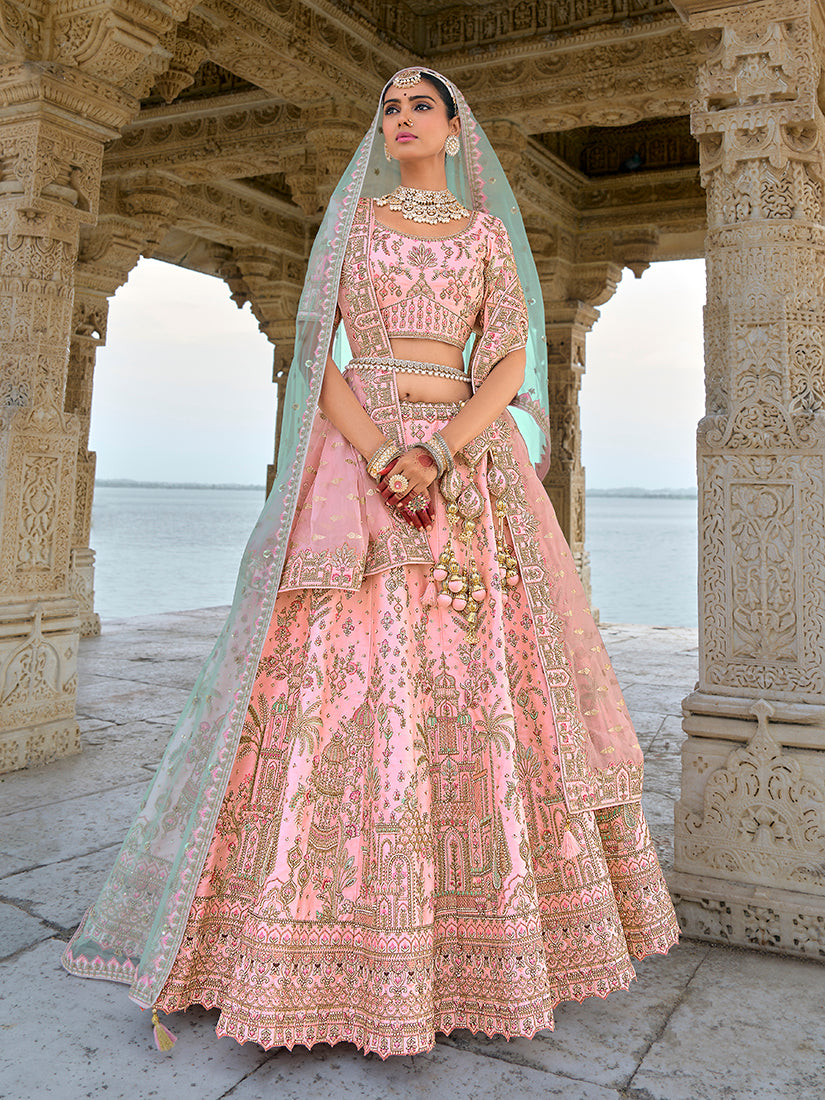 Monjolika Fashion Light Pink Silk Embroidered Sequins Thread And Zari Work Bridal Trendy Lehenga Choli