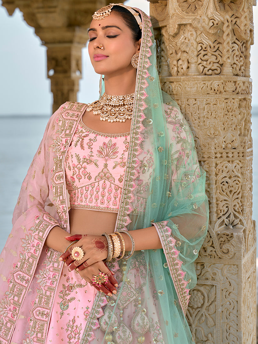 Monjolika Fashion Light Pink Silk Embroidered Sequins Thread And Zari Work Bridal Trendy Lehenga Choli