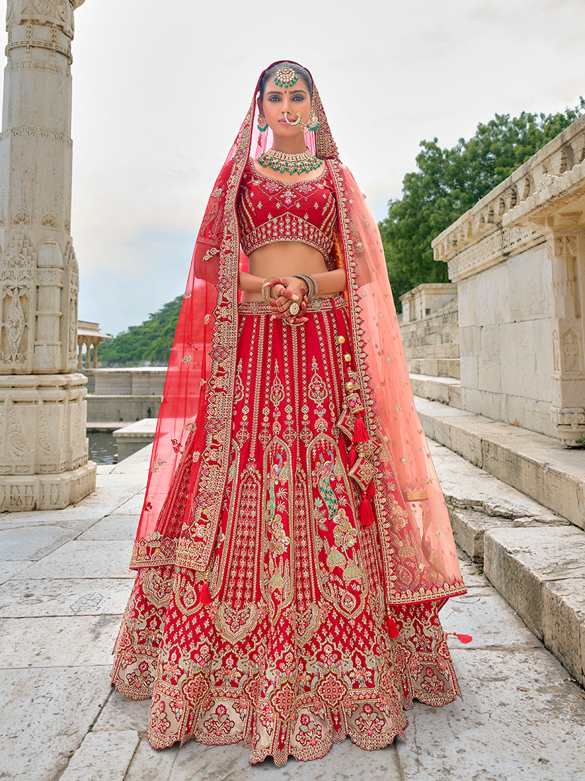 Monjolika Fashion Red Silk Embroidered Sequins Thread And Zari Work Bridal Trendy Lehenga Choli - Distacart