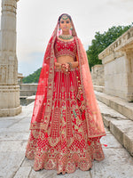 Thumbnail for Monjolika Fashion Red Silk Embroidered Sequins Thread And Zari Work Bridal Trendy Lehenga Choli