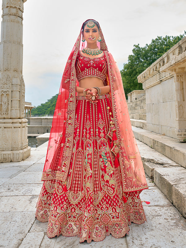 Monjolika Fashion Red Silk Embroidered Sequins Thread And Zari Work Bridal Trendy Lehenga Choli