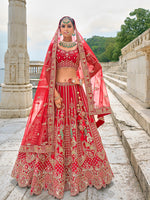 Thumbnail for Monjolika Fashion Red Silk Embroidered Sequins Thread And Zari Work Bridal Trendy Lehenga Choli