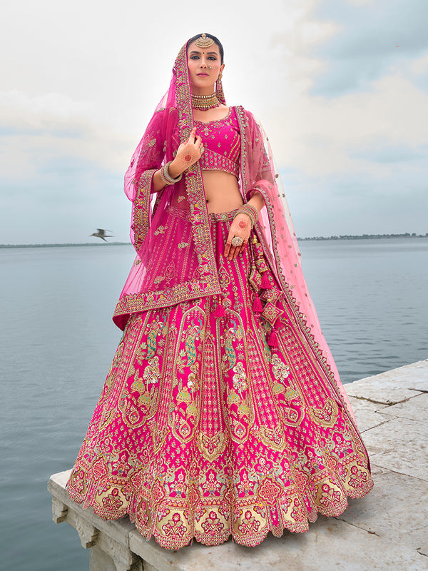 Monjolika Fashion Rani Pink Silk Embroidered Sequins Thread And Zari Work Bridal Trendy Lehenga Choli
