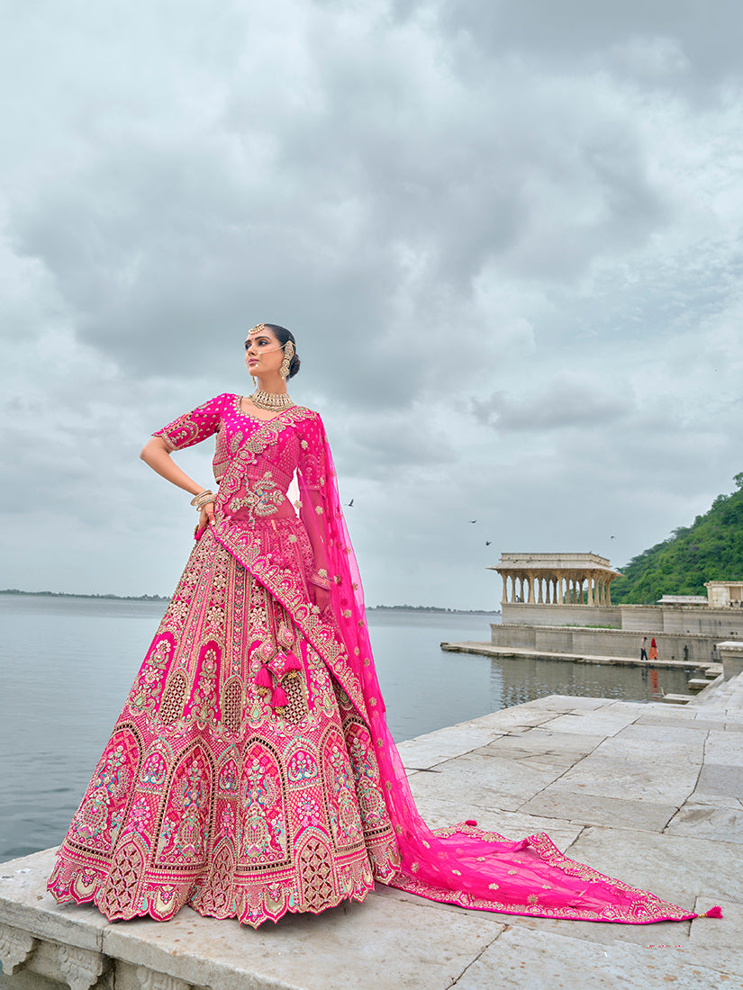 Monjolika Fashion Rani Pink Silk Embroidered Sequins Thread And Zari Work Bridal Trendy Lehenga Choli