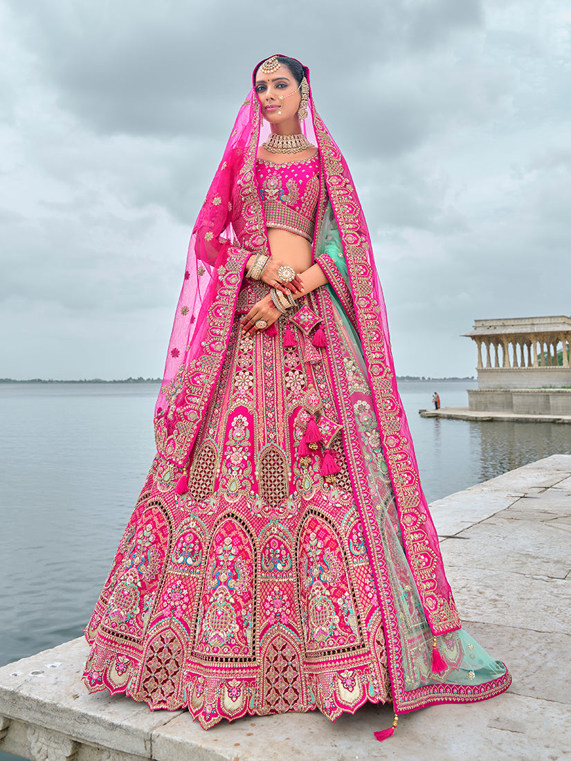 Monjolika Fashion Rani Pink Silk Embroidered Sequins Thread And Zari Work Bridal Trendy Lehenga Choli