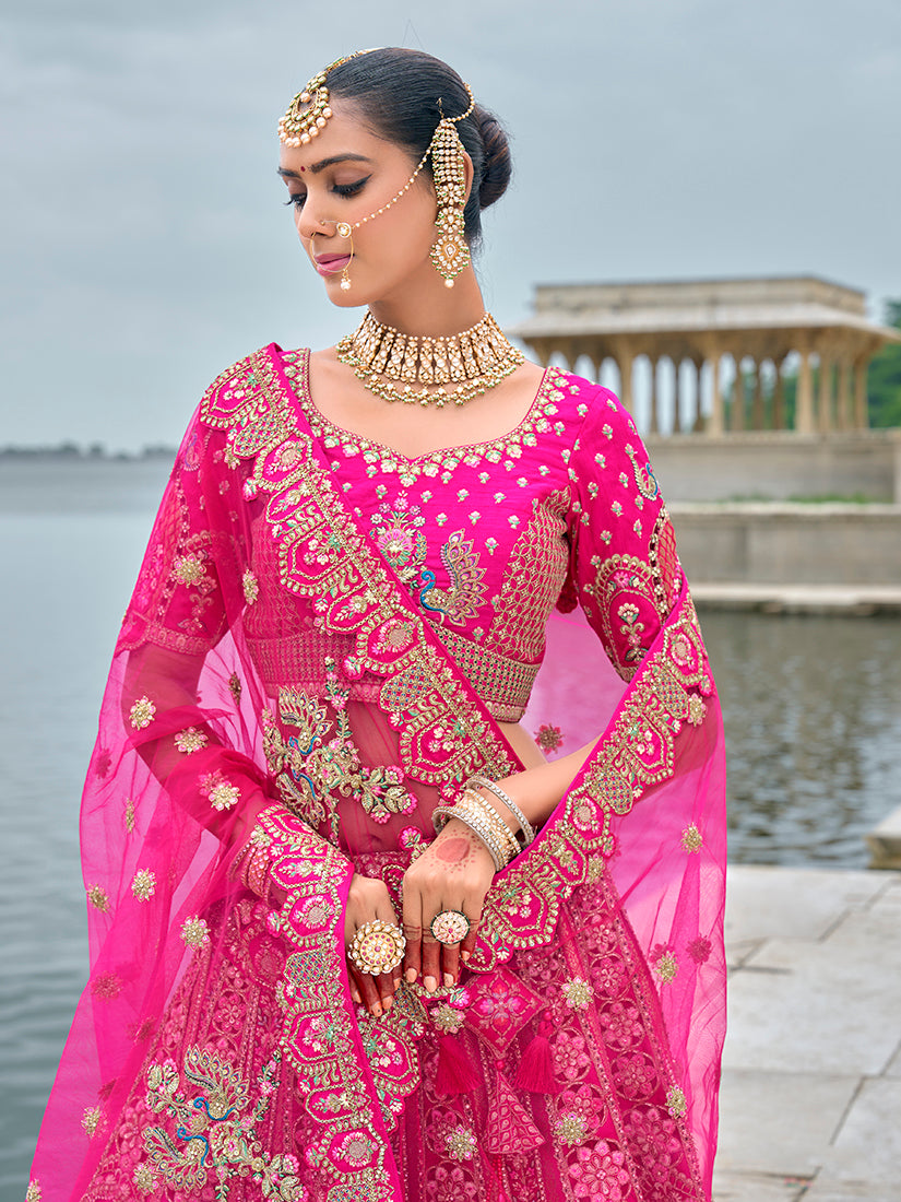 Monjolika Fashion Rani Pink Silk Embroidered Sequins Thread And Zari Work Bridal Trendy Lehenga Choli