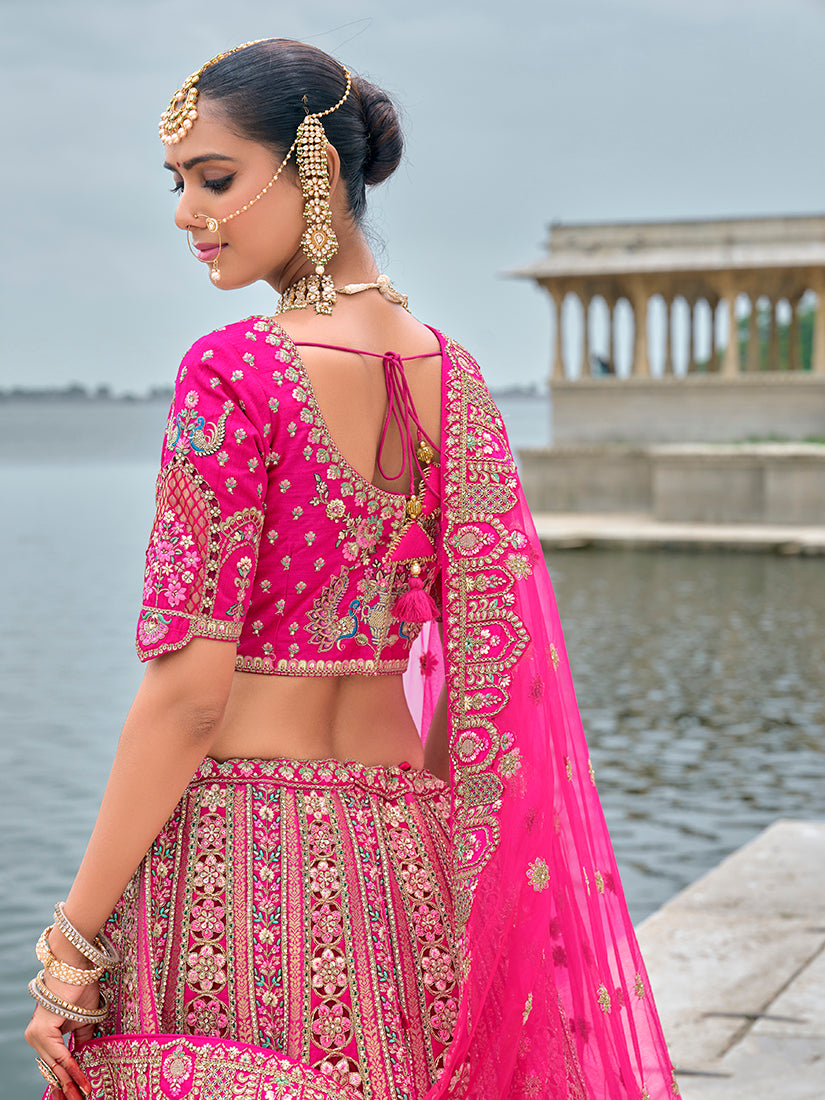 Monjolika Fashion Rani Pink Silk Embroidered Sequins Thread And Zari Work Bridal Trendy Lehenga Choli