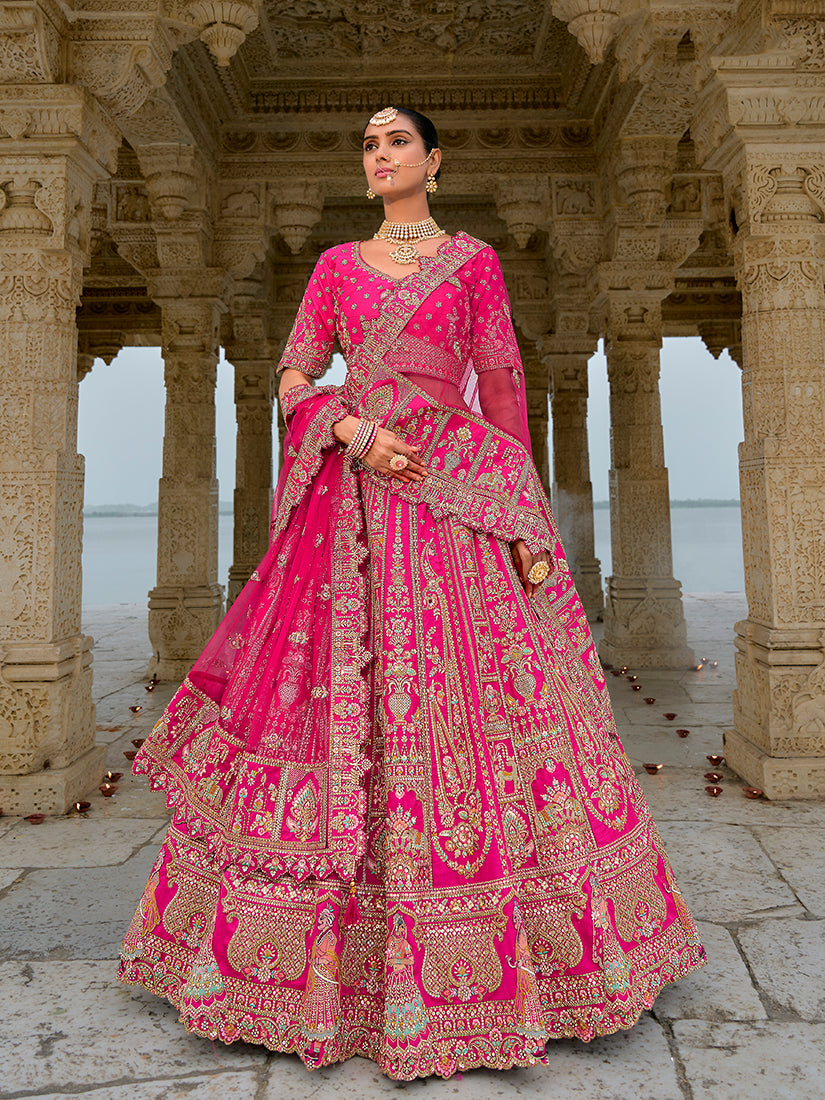 Monjolika Fashion Rani Pink Silk Embroidered Sequins Thread And Zari Work Bridal Trendy Lehenga Choli