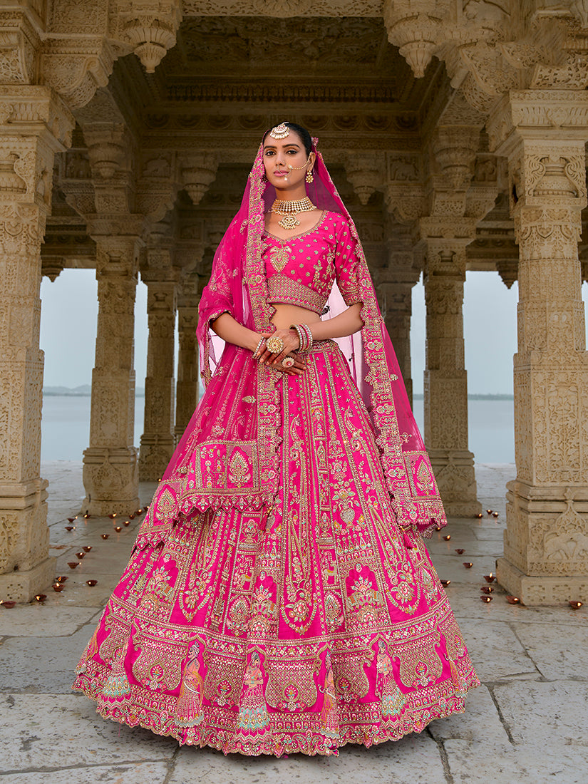 Monjolika Fashion Rani Pink Silk Embroidered Sequins Thread And Zari Work Bridal Trendy Lehenga Choli