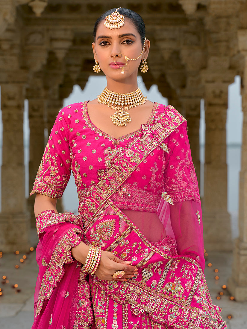 Monjolika Fashion Rani Pink Silk Embroidered Sequins Thread And Zari Work Bridal Trendy Lehenga Choli