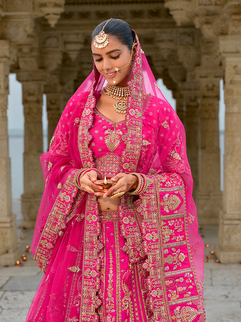 Monjolika Fashion Rani Pink Silk Embroidered Sequins Thread And Zari Work Bridal Trendy Lehenga Choli