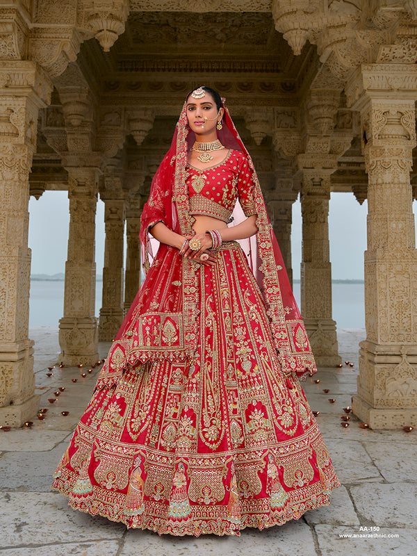 Monjolika Fashion Red Silk Embroidered Sequins Thread And Zari Work Bridal Trendy Lehenga Choli