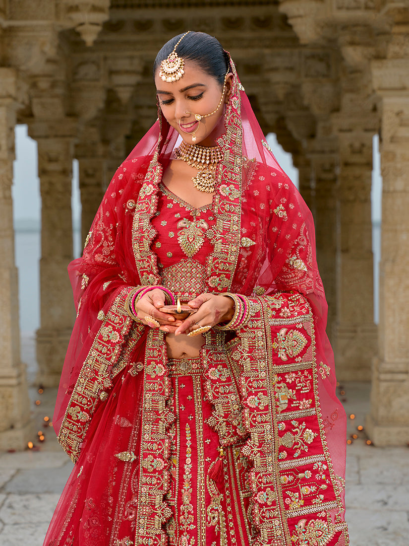 Monjolika Fashion Red Silk Embroidered Sequins Thread And Zari Work Bridal Trendy Lehenga Choli