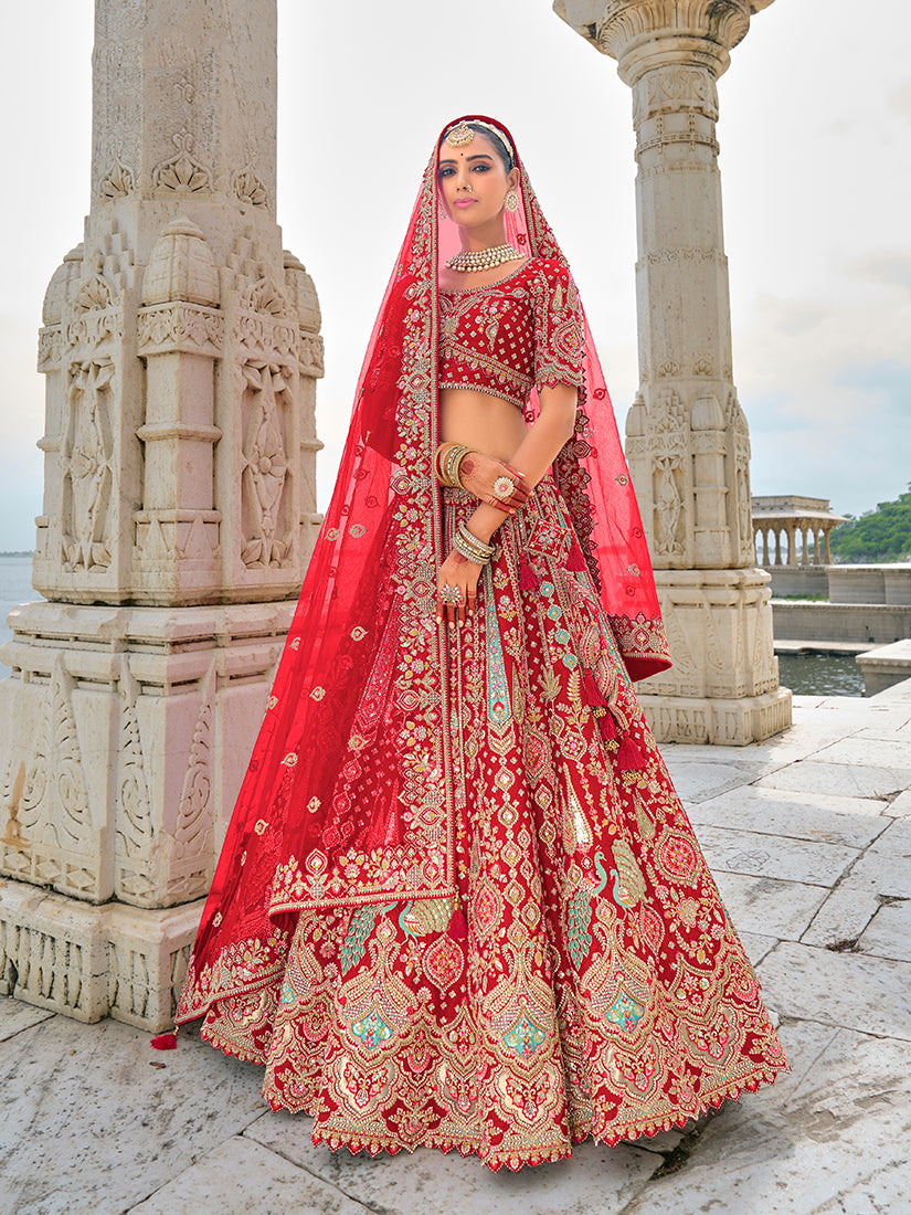 Monjolika Fashion Red Silk Embroidered Sequins Thread And Zari Work Bridal Trendy Lehenga Choli